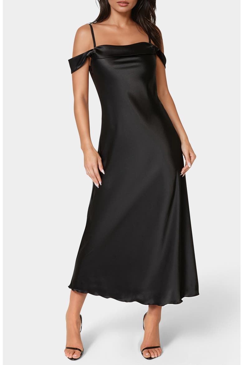 Drape Shoulder Satin Midi Dress, Main, color, BLACK
