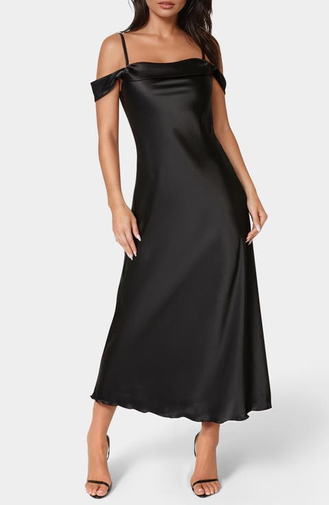Drape Shoulder Satin Midi Dress