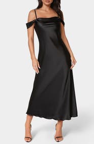bebe Drape Shoulder Satin Midi Dress