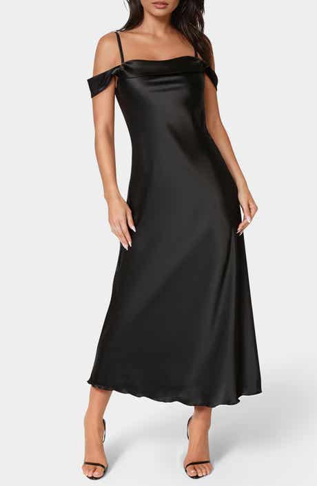 bebe Drape Shoulder Satin Midi Dress