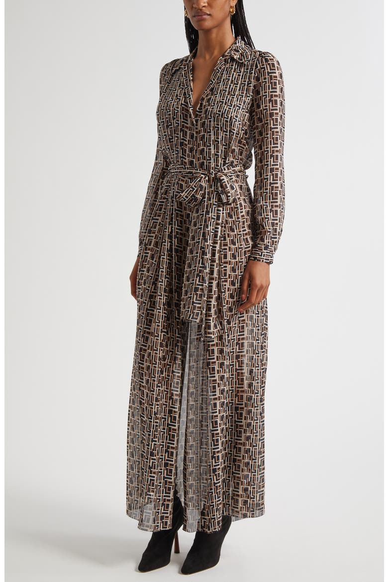Klaudia Print Tie Waist Long Sleeve Silk Maxi Shirtdress, Alternate, color, BLACK MULTI L GEO PRINT