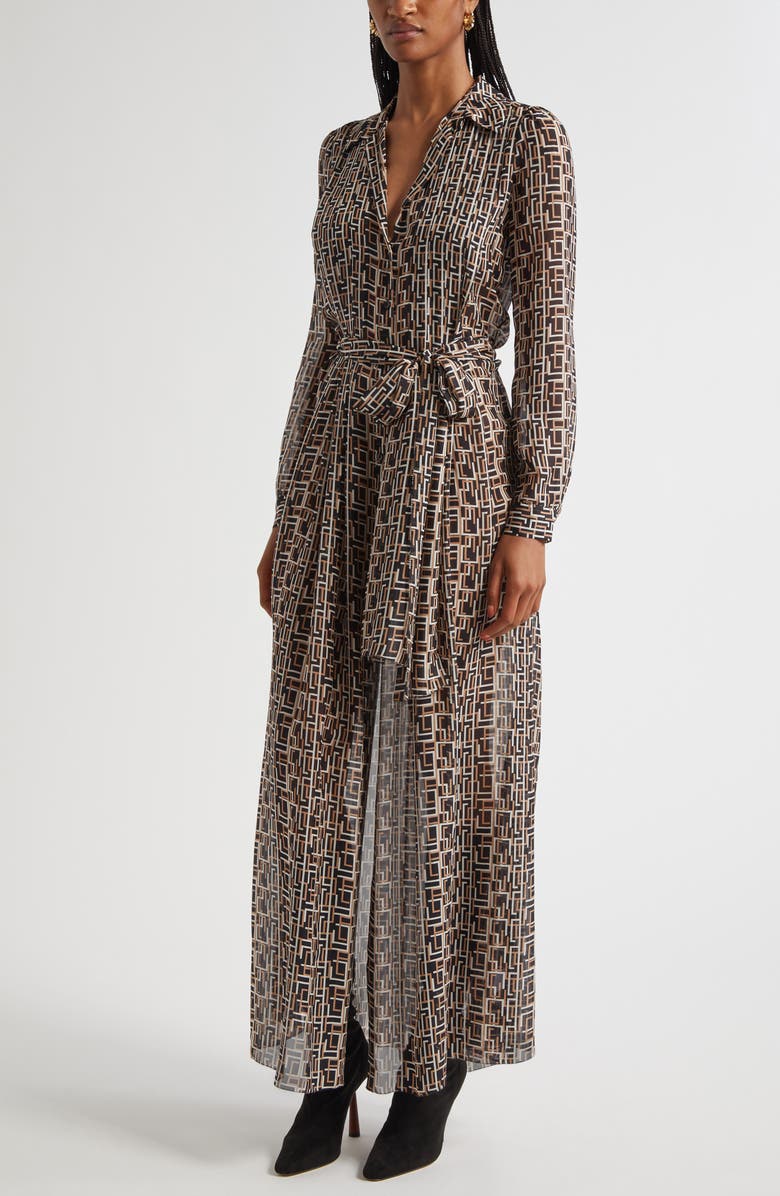 L'AGENCE Klaudia Print Tie Waist Long Sleeve Silk Maxi Shirtdress, Alternate, color, Black Multi L Geo Print