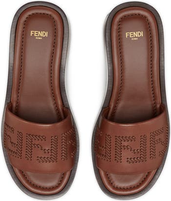 サンダル・ミュール FENDI 'Fendi Sunshine' slides Brown FENDI Sunshine platform slides Brown Logo Embroidered