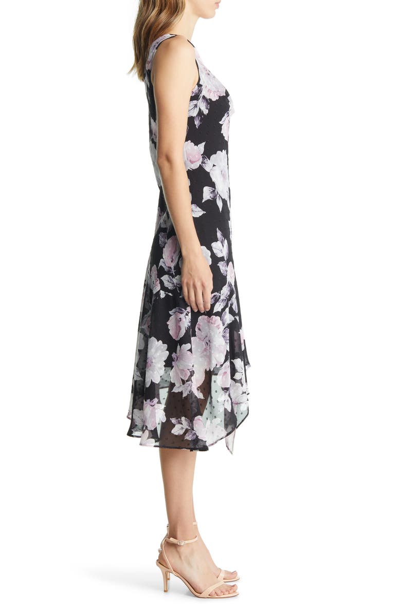 Connected Apparel Swiss Dot Floral Asymmetric Chiffon Midi Dress, Alternate, color, 