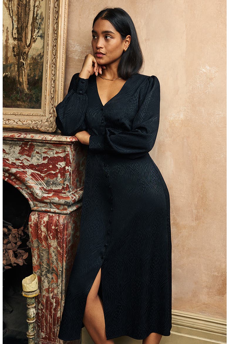 Tasha Long Sleeve Satin Midi Dress, Alternate, color, BLACK