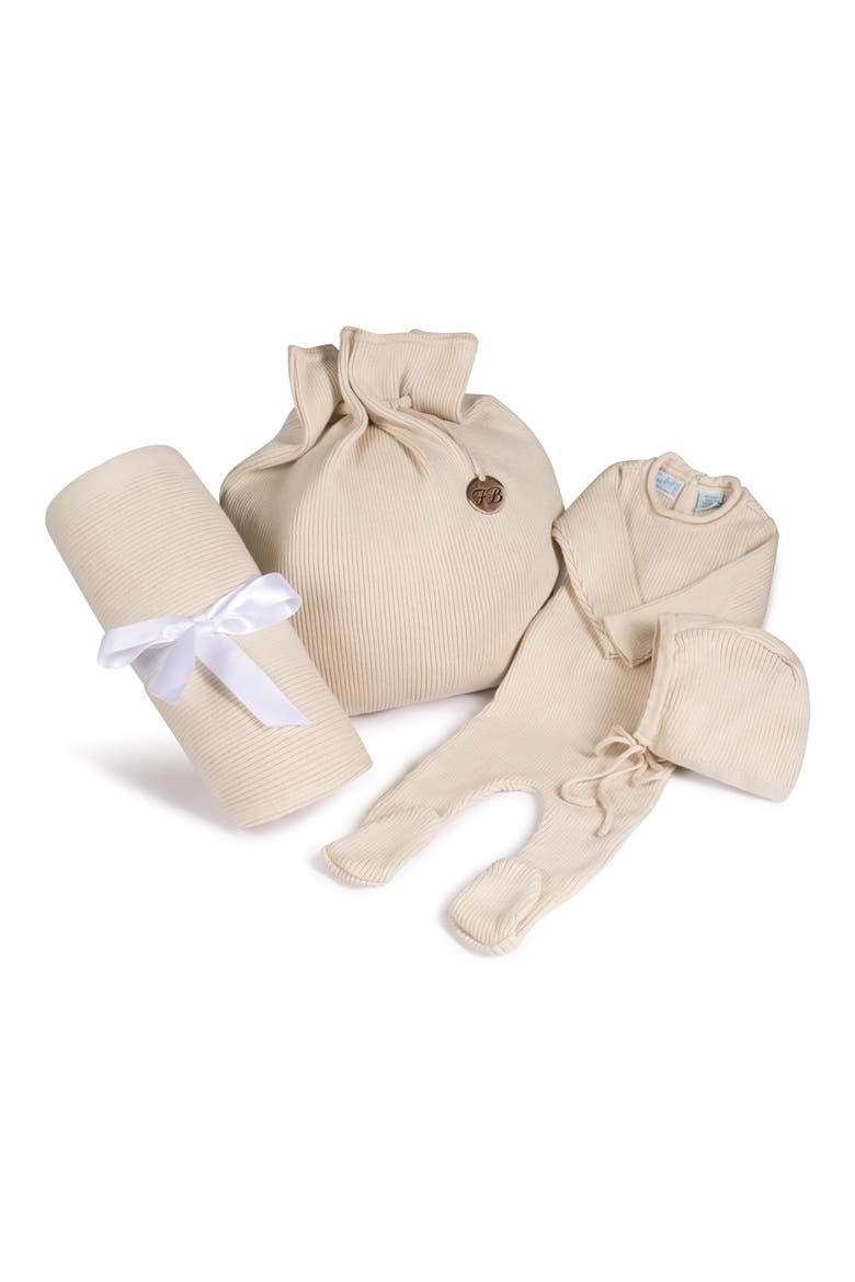 Ribbed Knit Footie, Bonnet, Blanket & Gift Bag Set, Main, color, ECRU