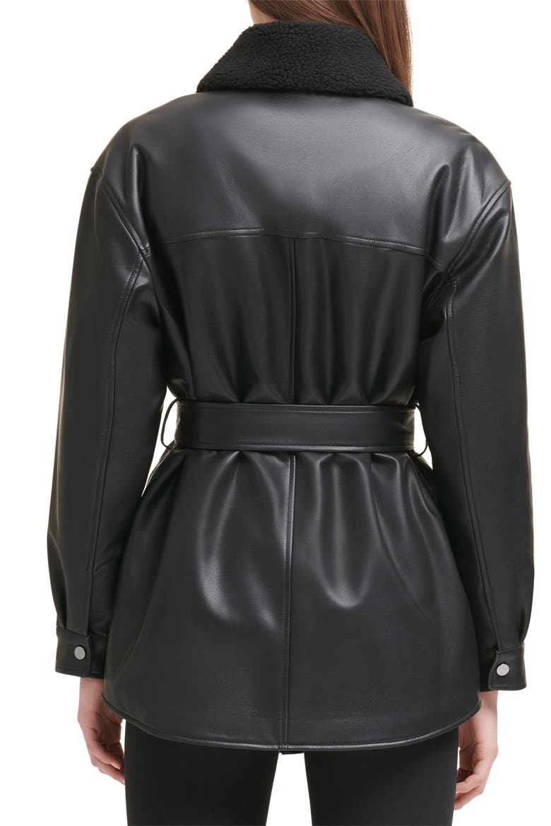 Belted Faux Leather Shirt Jacket with Faux Shearling Lining, Alternate, color, BLACK