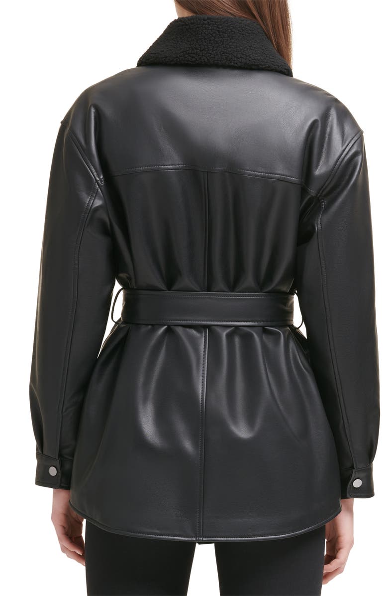 Kenneth Cole New York Belted Faux Leather Shirt Jacket with Faux Shearling Lining, Alternate, color, Black