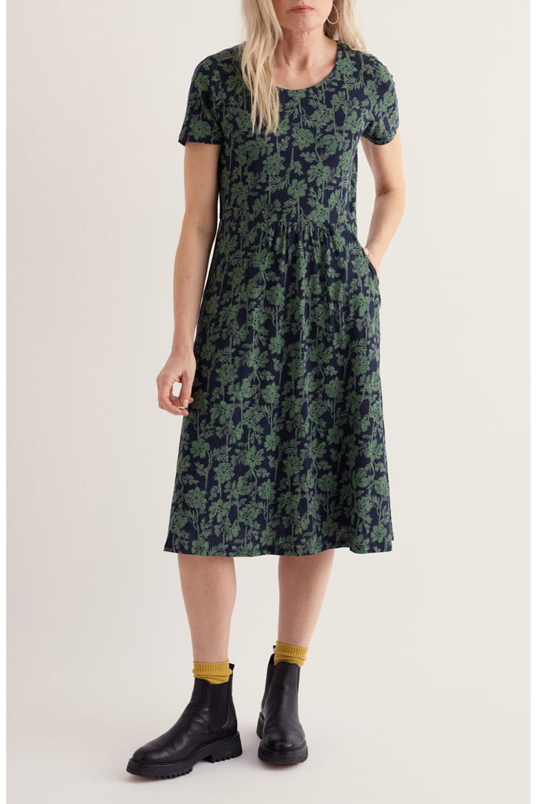 Enor Floral Print Organic Cotton Fit & Flare Midi Dress, Main, color, COSMOS STEMS MARITIME