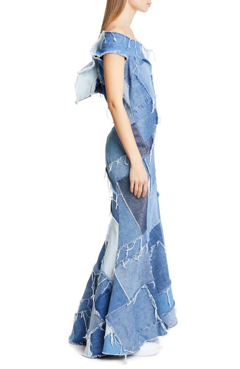 Junya Watanabe Denim Patchwork Off the Shoulder Mermaid Dress, Alternate, color,