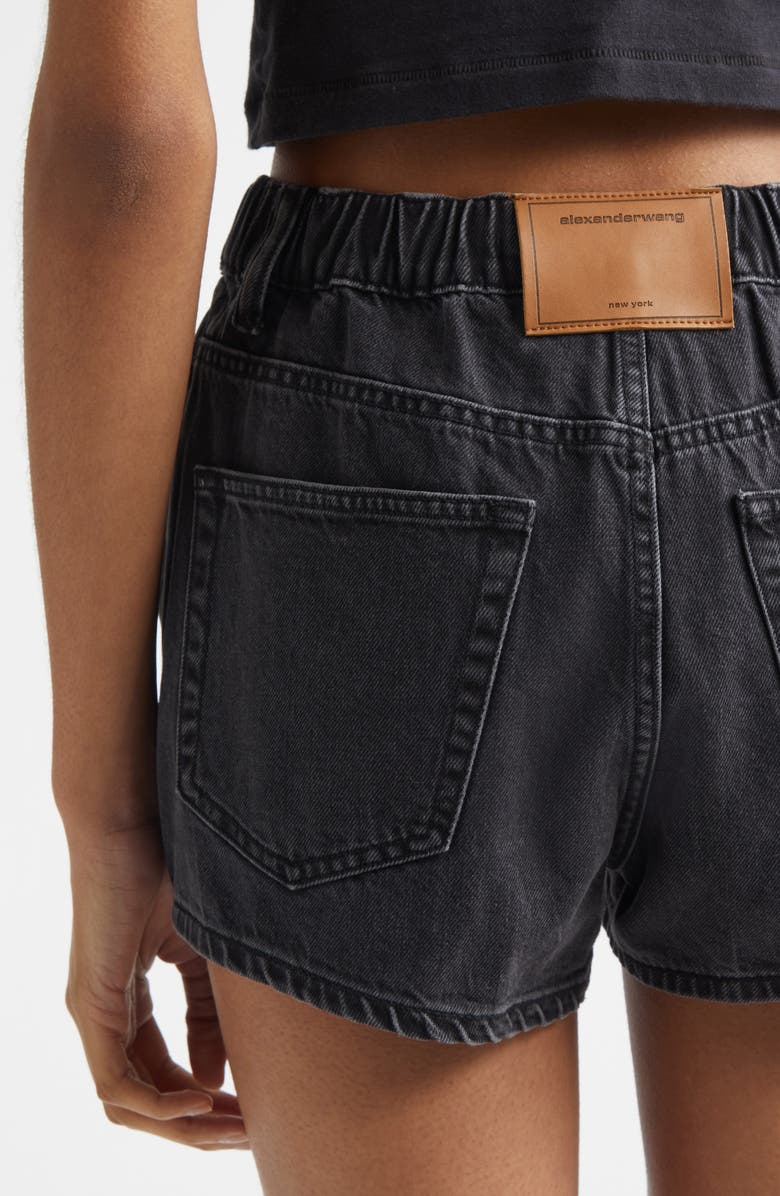 Denim x Alexander Wang Marathon Crystal Drawstring Denim Shorts, Alternate, color, Grey Aged