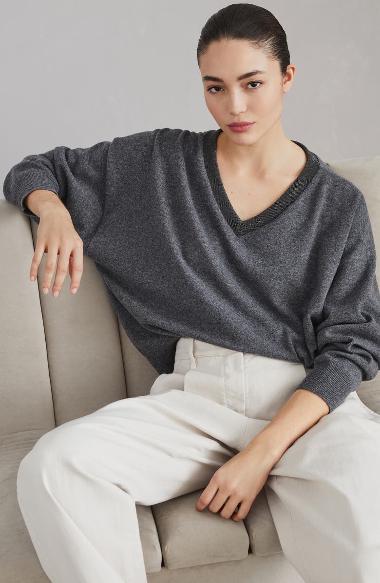 Brunello Cucinelli Cashmere sweater with precious ribbed neckline, Alternate, color, 