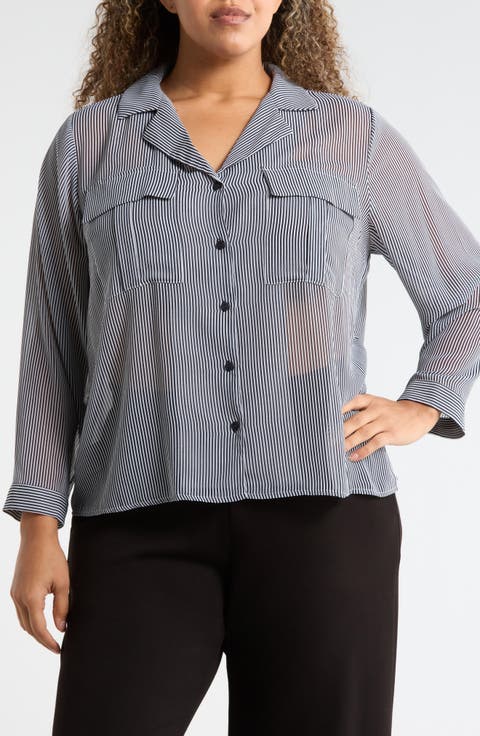 Long Sleeve Crop Utility Button-Up Shirt (Plus)