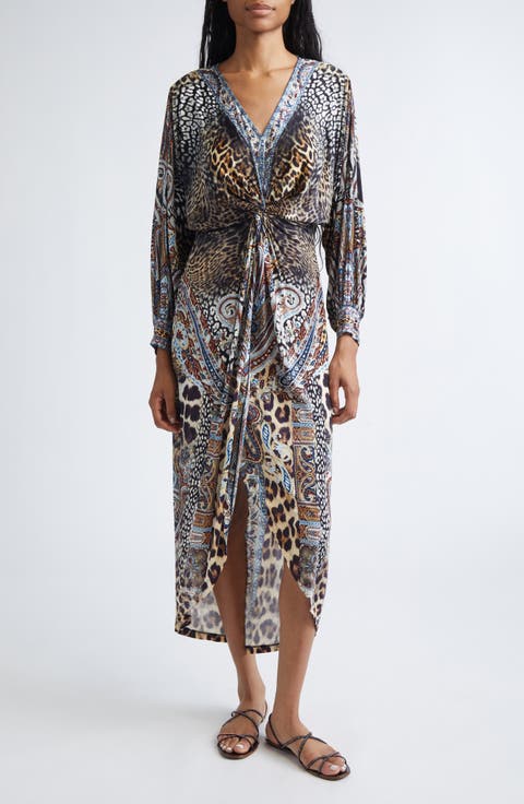Istanbul Animalia Twist Front Long Sleeve Jersey Midi Dress
