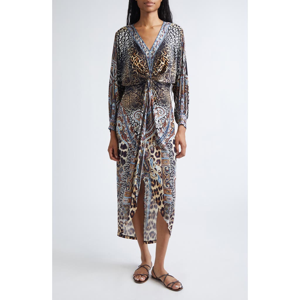 Camilla Istanbul Animalia Twist Front Long Sleeve Jersey Midi Dress In Multi