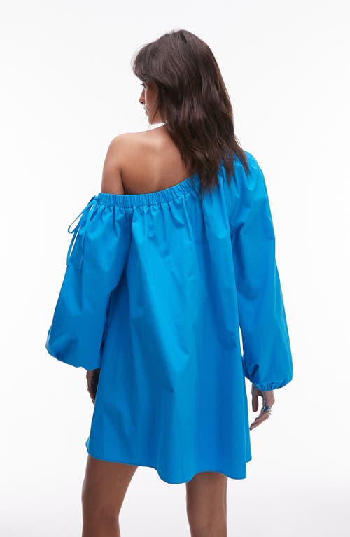 Topshop One-shoulder Long Sleeve Trapeze Cotton Poplin Minidress In Blue