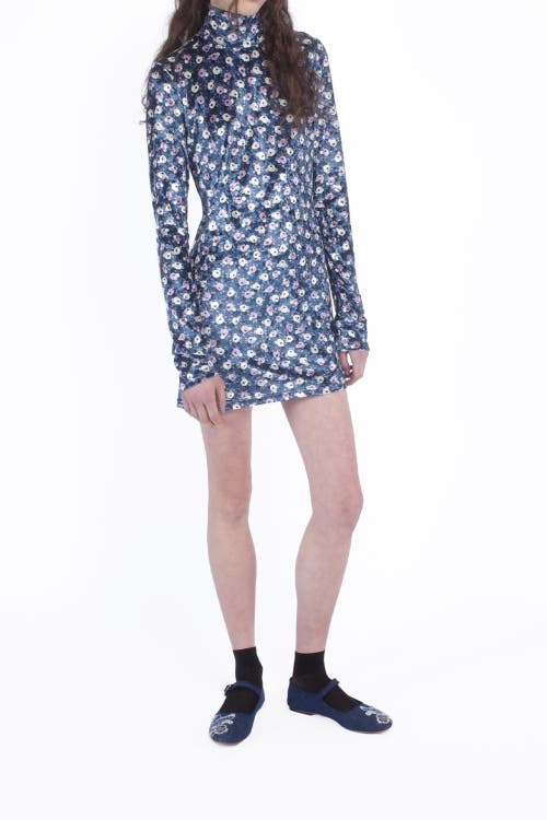 Anna Sui Posie Stretch Velvet Turtleneck Dress In Cornflower Multi