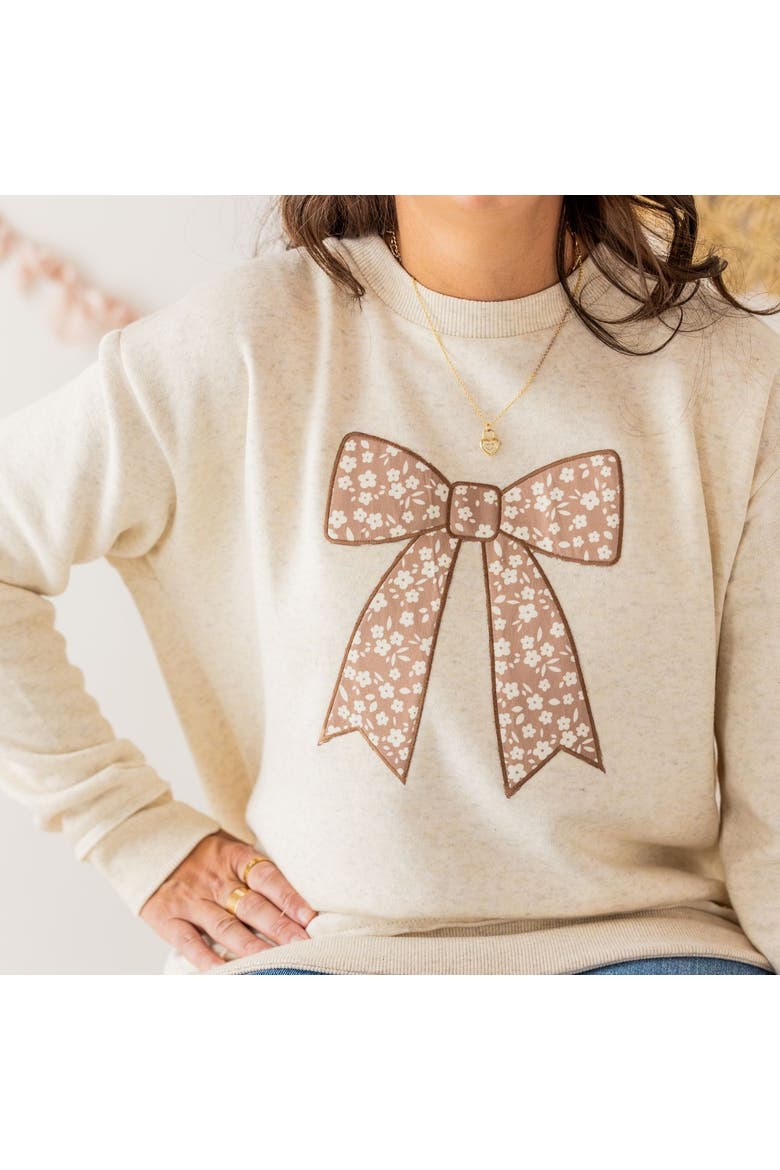 Mocha Floral Bow Patch Women's Sweatshirt, Alternate, color, Natural Heather