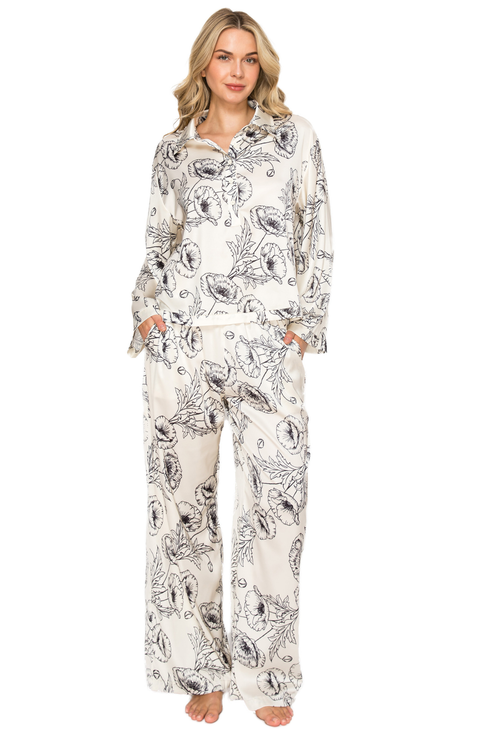 Floral Silky Satin Long Sleeve & Wide Leg Pajama Set