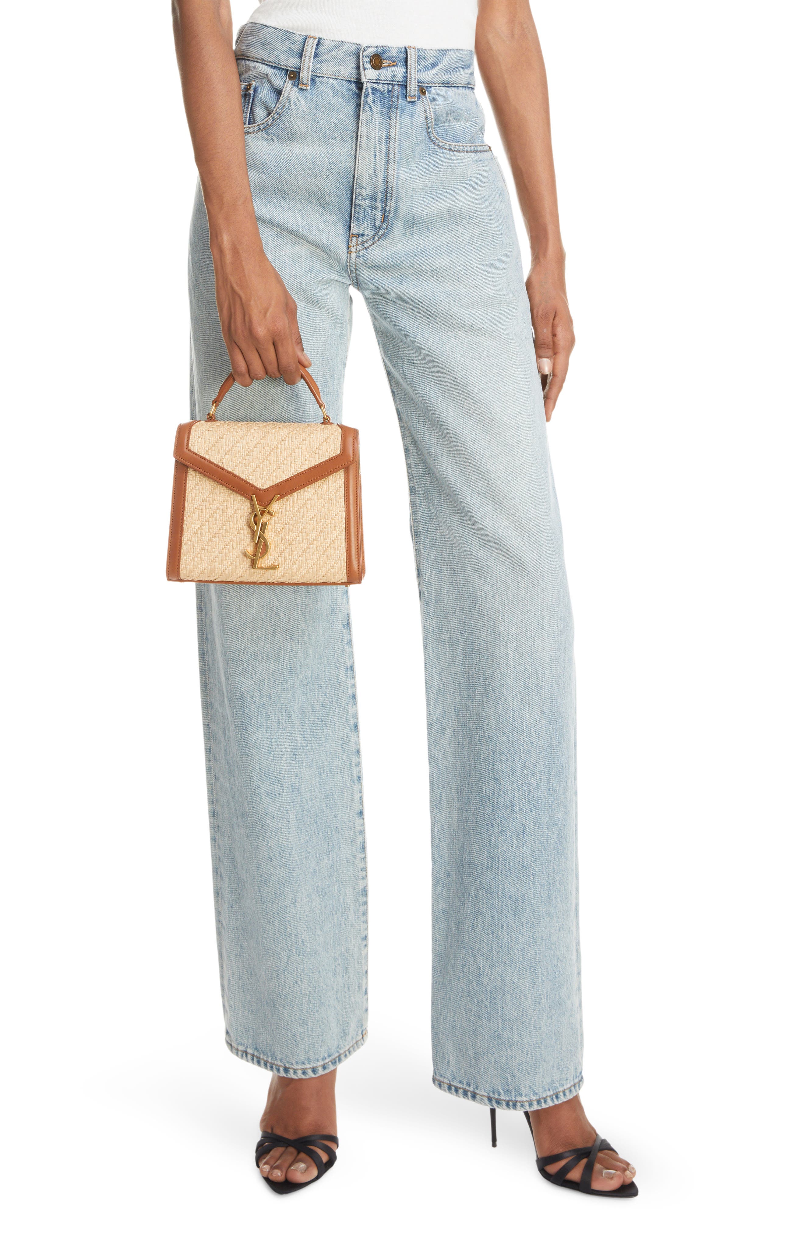 Saint Laurent Mini Cassandra Raffia Top Handle Bag, Alternate, color, 