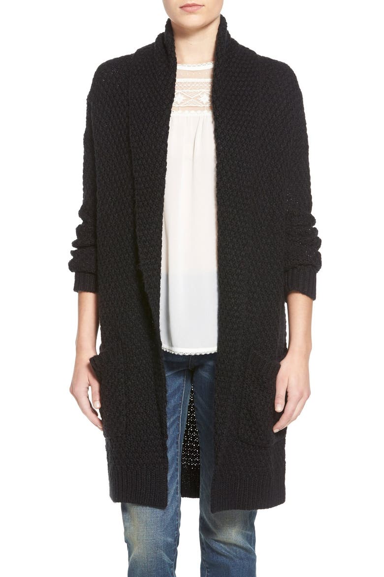 Marled Long Open Front Cardigan, Main, color, BLACK
