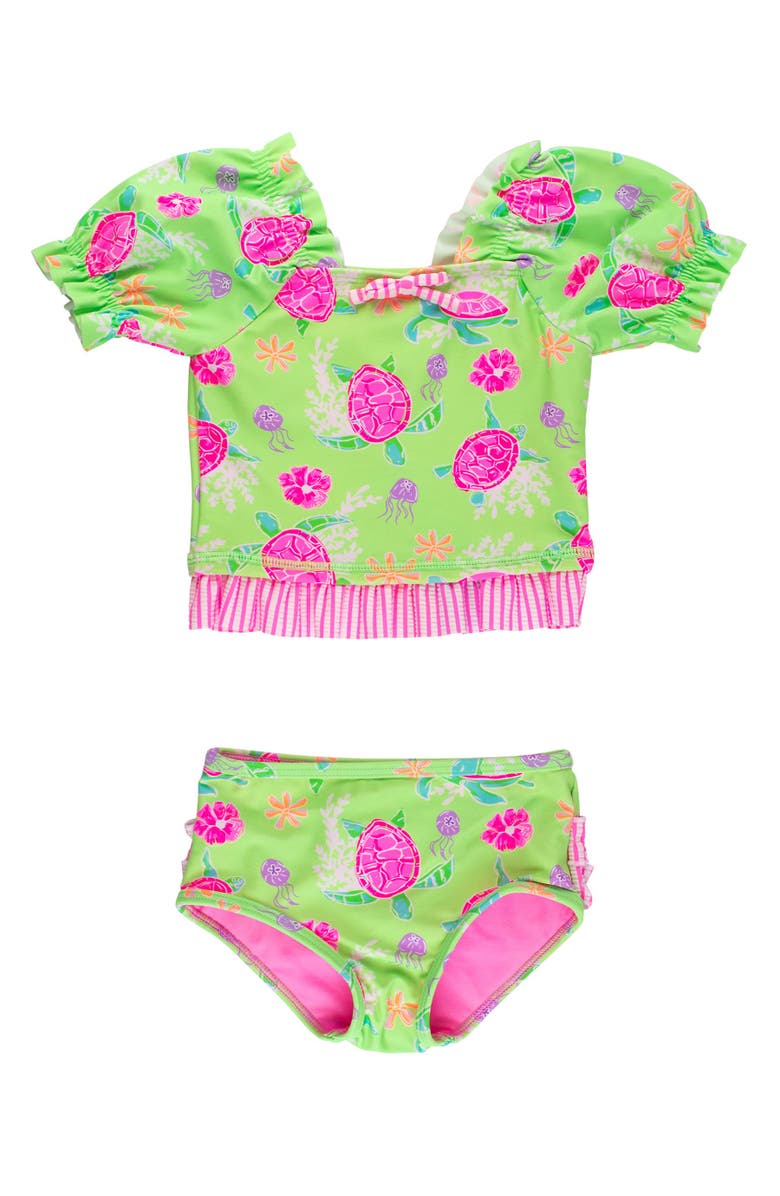 RuffleButts UPF50+ Puff Sleeve Ruffle Tankini 2-Piece Swimsuit, Main, color, Neon Turtle Tide