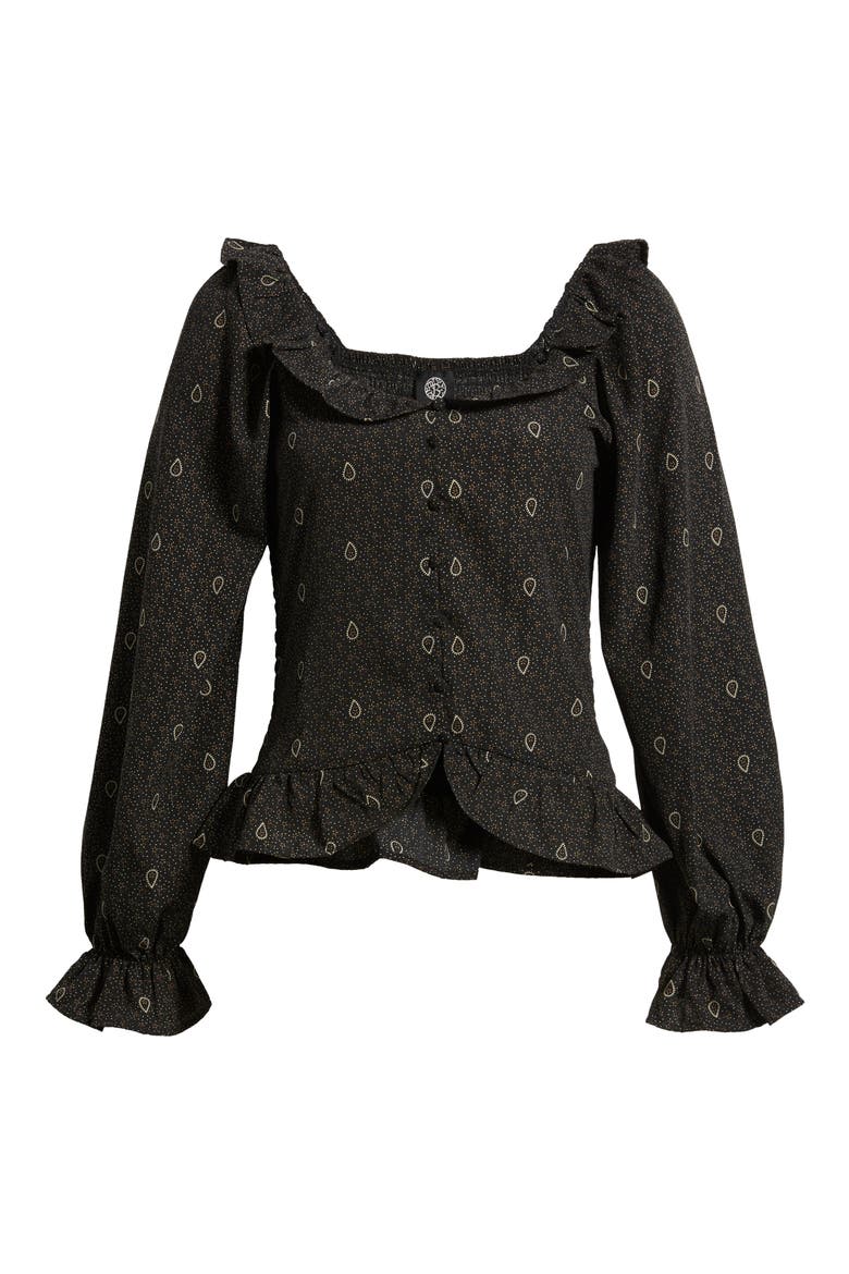 Ruffle Trim Crop Button-Up Shirt, Alternate, color, NAVY/ CURRY DITSY