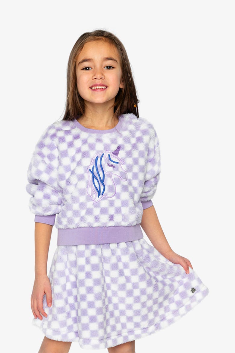 Checkered Embroidered Faux Fur Top, Alternate, color, Lilac and White Tiles