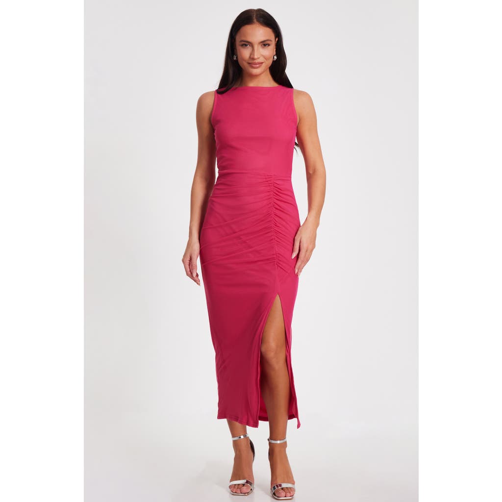 Quiz Mesh Round Neck Maxi Dress In Pink