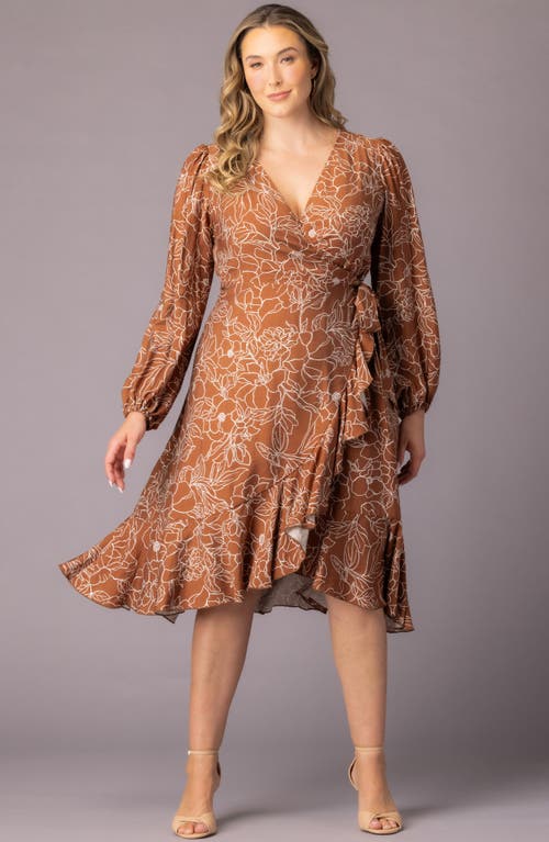 Kiyonna Julia Long Sleeve Midi Wrap Dress In Brown