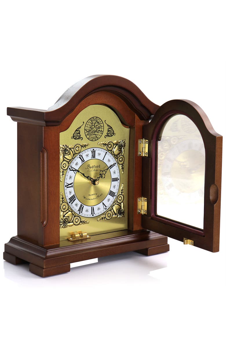 Bedford Clock Collection Mahogany Mantel Clock with Chimes, Alternate, color, Mahogany
