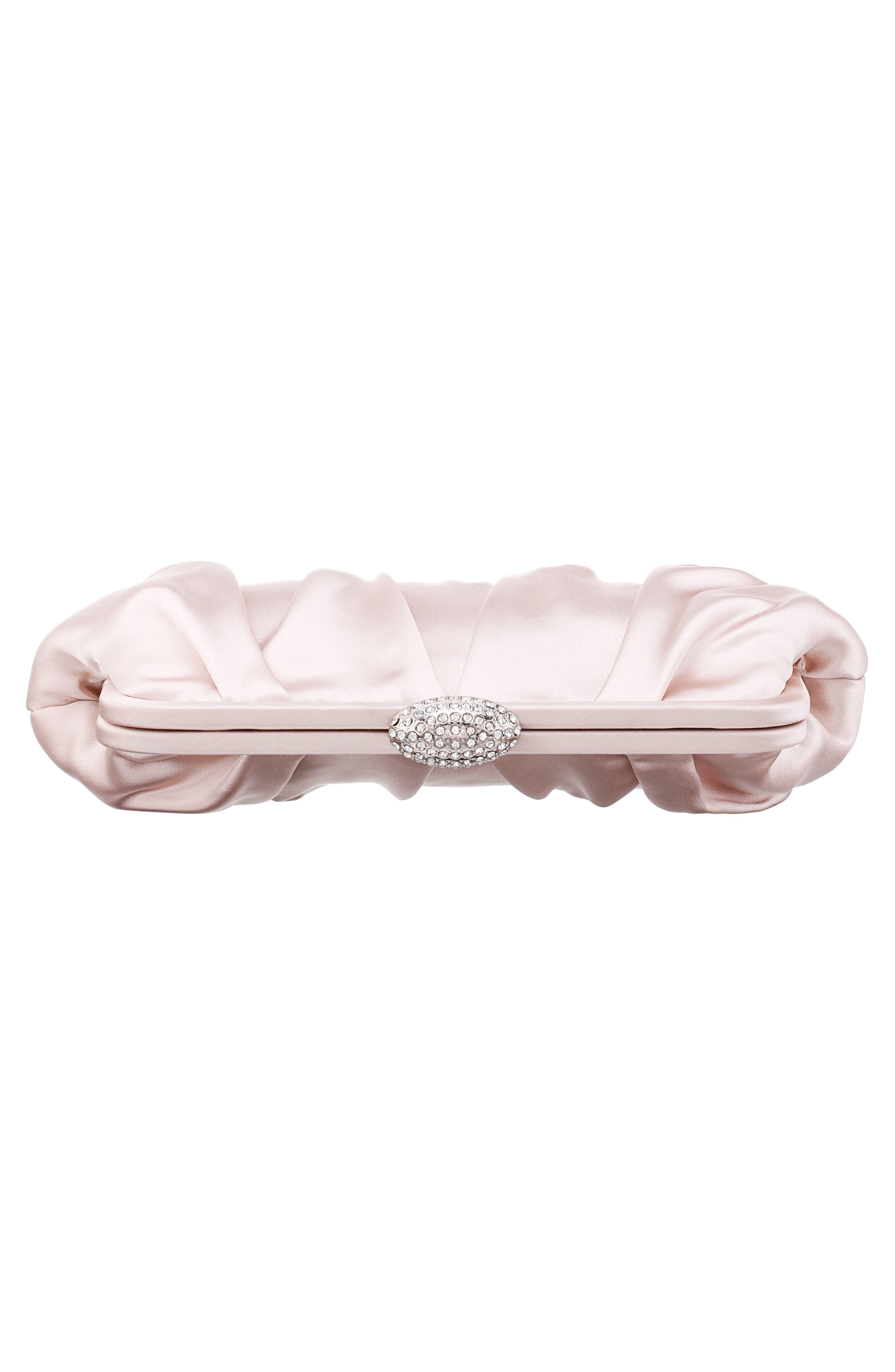 Concord Pleated Satin Frame Clutch, Alternate, color, PEARL ROSE