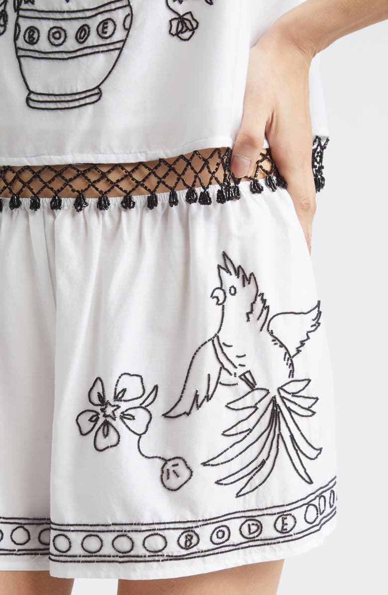 Bode Beaded Cockatoo Cotton & Silk Poplin Tap Shorts, Alternate, color, White