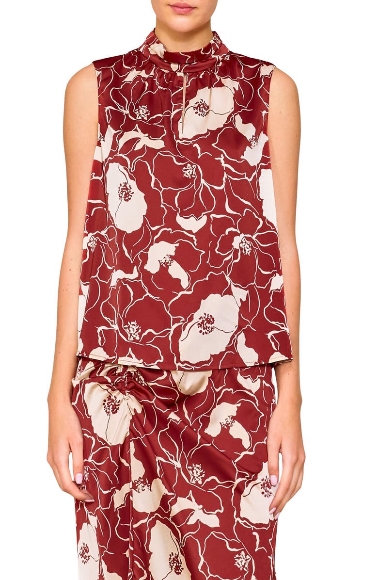 MELLODAY Floral Sleeveless Satin Top, Main, color, Rust Stone Floral