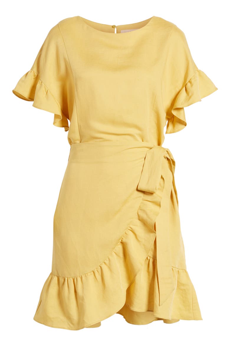 the Label Ruffle Linen Blend Wrap Dress, Alternate, color, YELLOW MINERAL