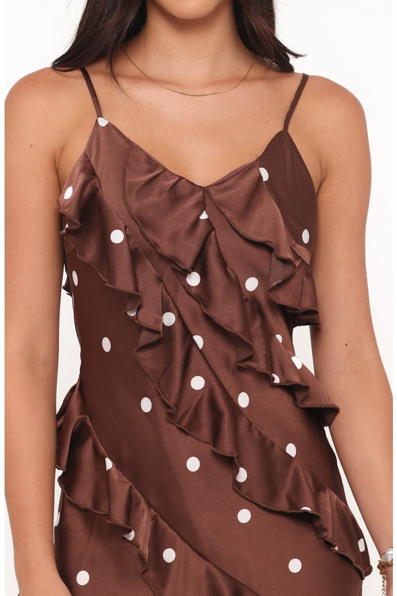 Ciao Floral Ruffle Satin Maxi Dress, Alternate, color, BROWN POLKA DOT