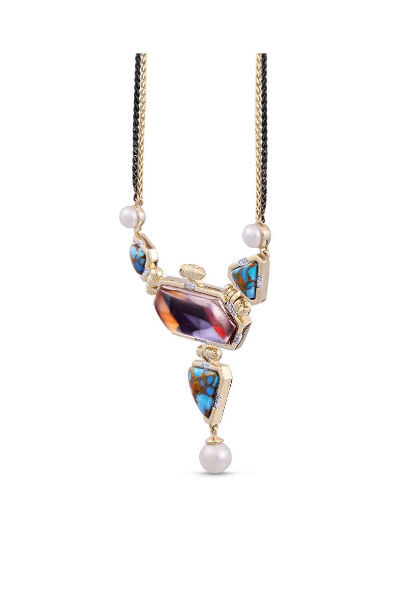 LuvMyJewelry Forever Young Turquoise Gemstone Diamond Pearl Yellow Gold Plated Silver Necklace, Main, color,