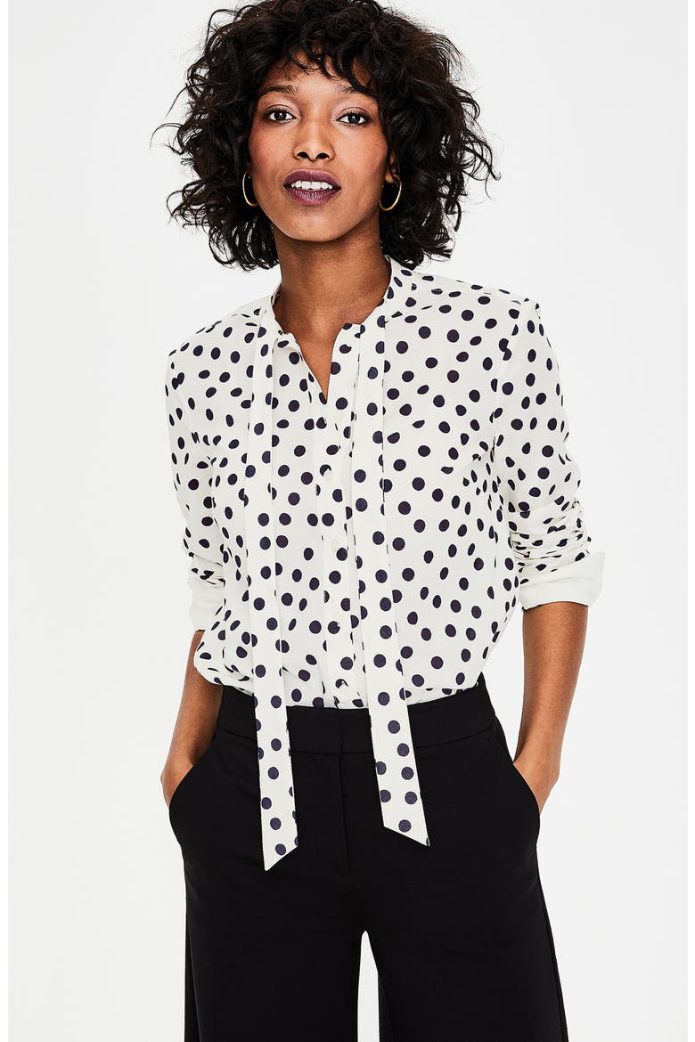 Tie Neck Shirt, Alternate, color, IVORY AND NAVY DOTTY SPOT