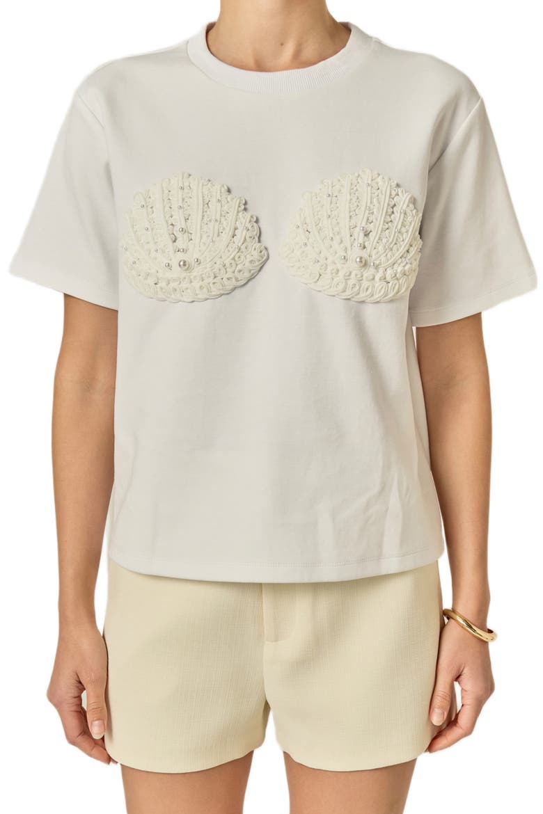 Faux Pearl Seashell Appliqué T-Shirt, Alternate, color, WHITE