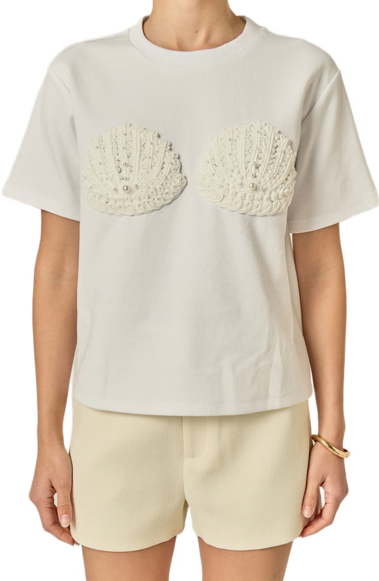 English Factory Faux Pearl Seashell Appliqué T-Shirt, Alternate, color, White