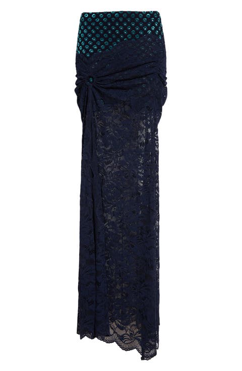 Embroidered Ruched Stretch Lace Skirt