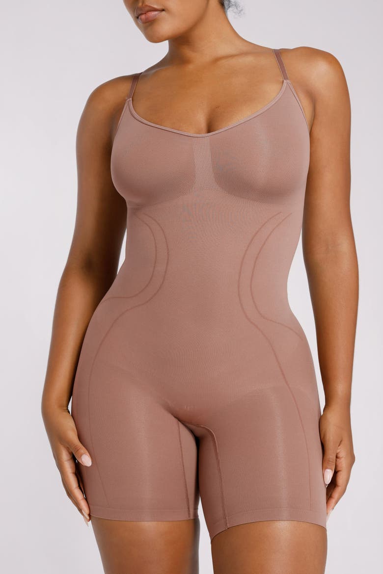 Seamless Mid-Thigh Full Shaping Bodysuit, Alternate, color, Dark Beige