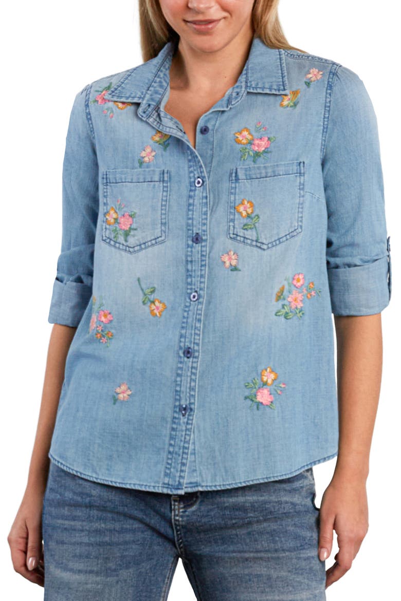 Sunset Floral Embroidered Shirt, Main, color, WASHED BLUE