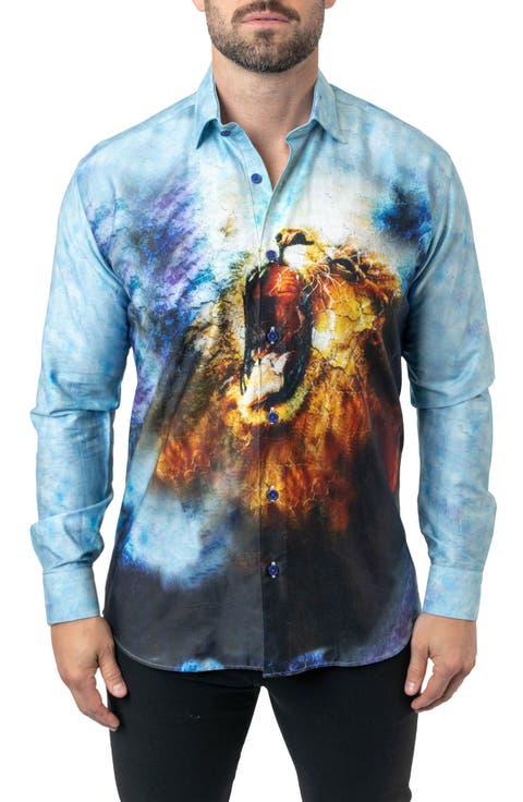 Fibonacci Lionmozaic 06 Blue Contemporary Fit Button-Up Shirt