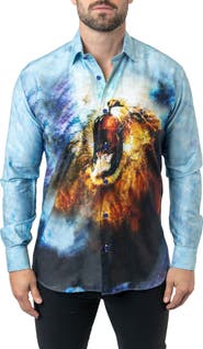 Maceoo Fibonacci Lionmozaic 06 Blue Contemporary Fit Button-Up Shirt