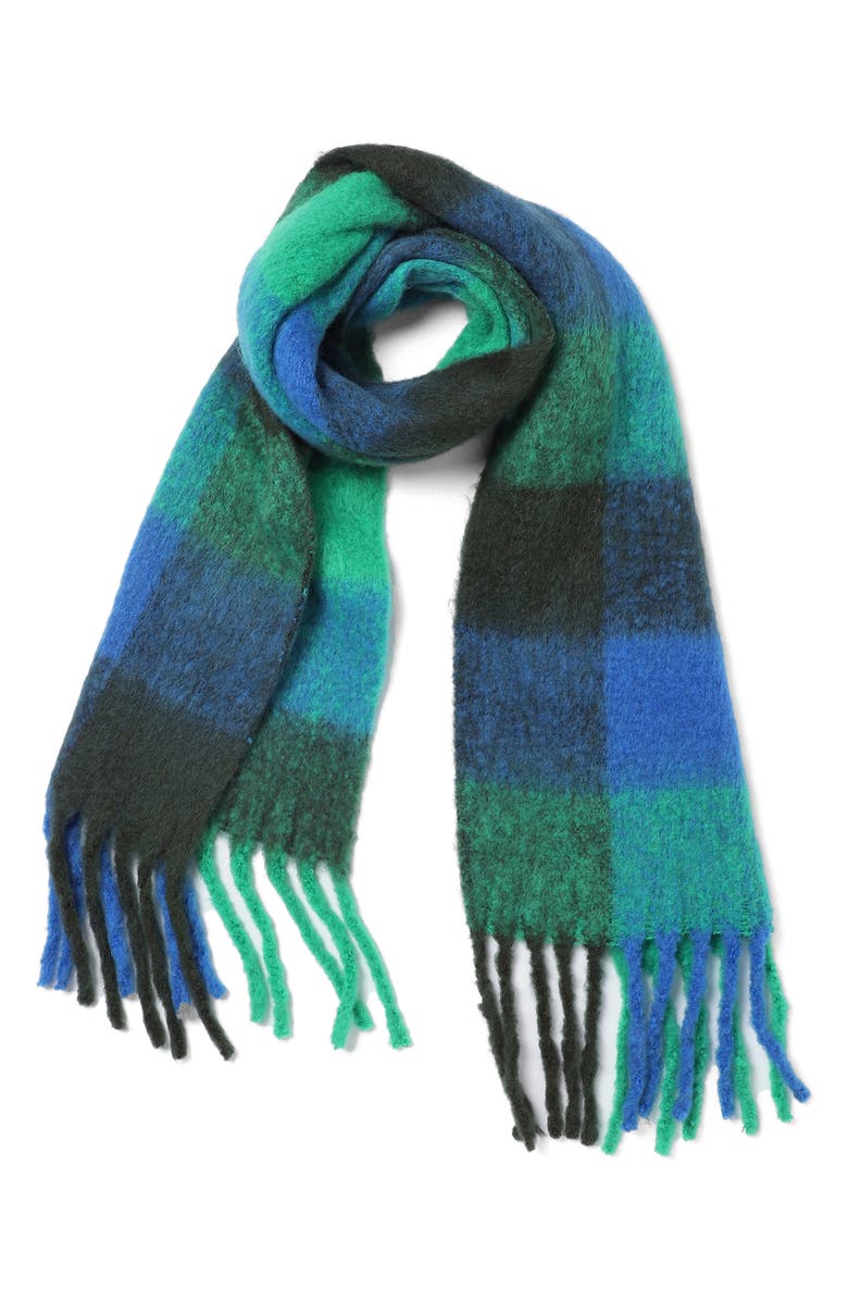 Vismaya Buffalo Check Wool Blend Fringe Scarf, Alternate, color, Blue Green