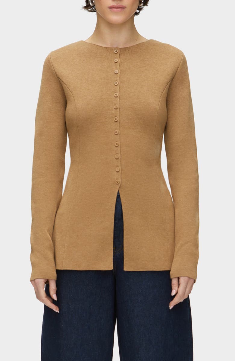 ALIGNE Daphne Split Hem Organic Cotton & Wool Blend Cardigan, Main, color, Camel