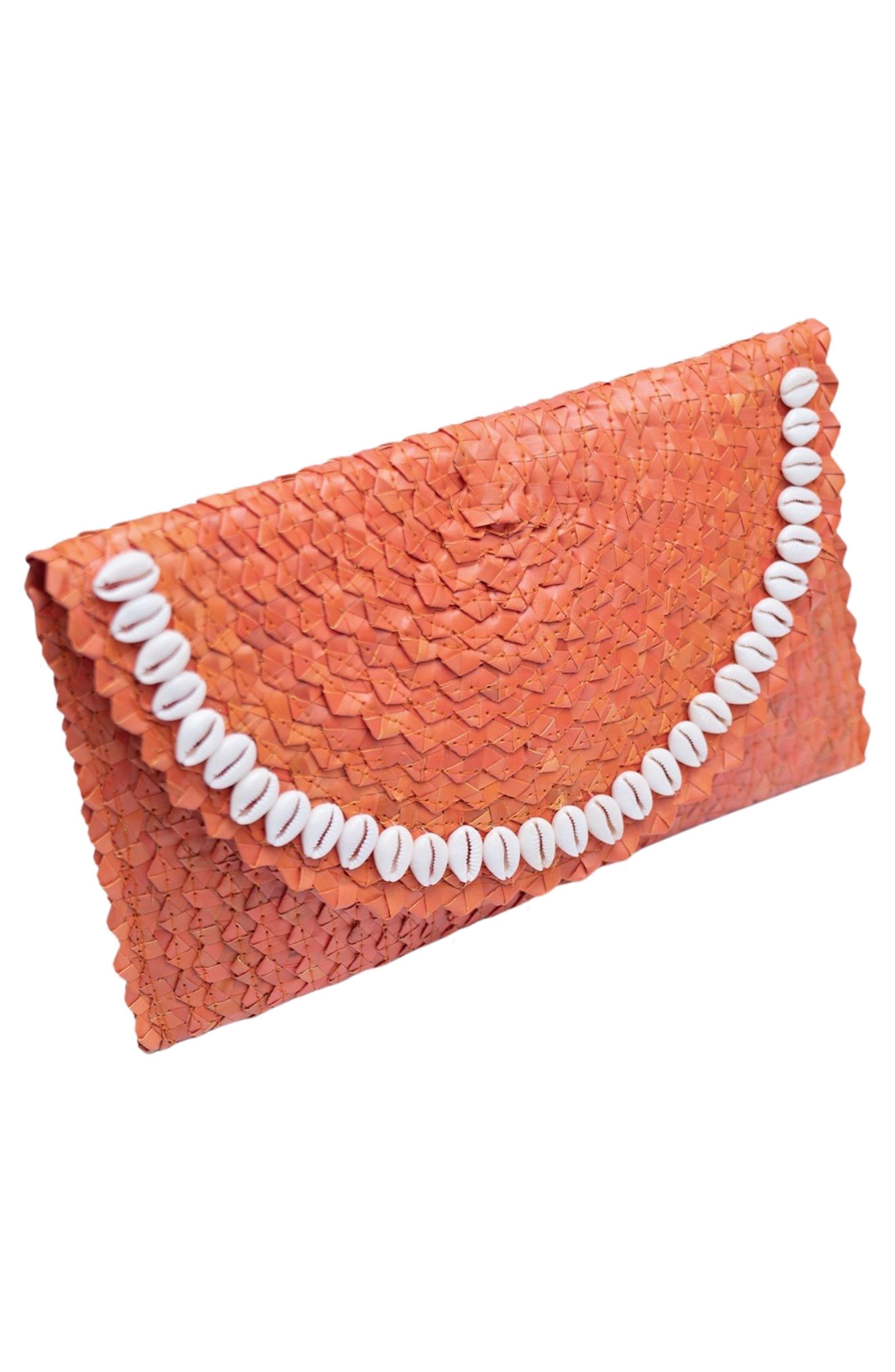 Jelavu Coco Seashell Trim Raffia Clutch, Alternate, color, Orange