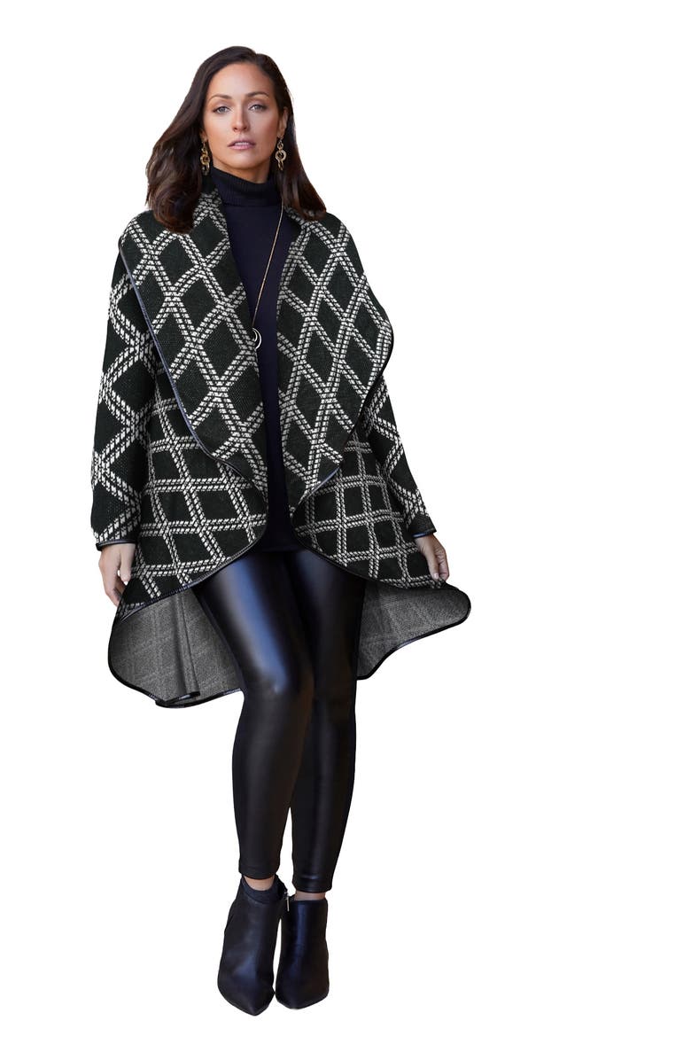 Jessica London Faux Leather-Trim Sweater, Main, color, Black Windowpane