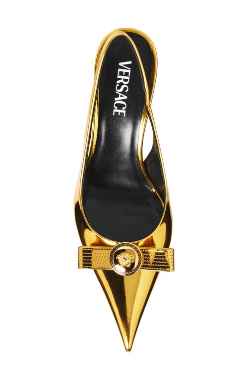 Versace Medusa Bow Metallic Pointed Toe Slingback Pump In Gold
